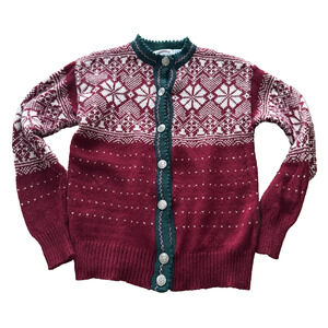 Cambridge Dry Goods Women’s L Nordic Fair Isle Wool Blend Cardigan Red Green